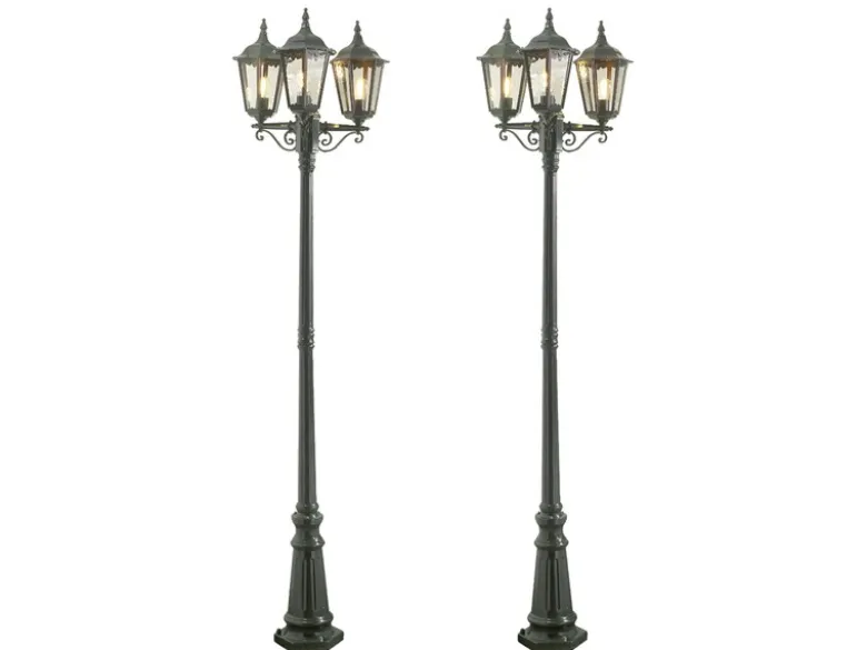 2er-Set grüne Gartenlaterne FIRENZE 3 x E27 Aluminium, inkl. Pfahl und Fundament