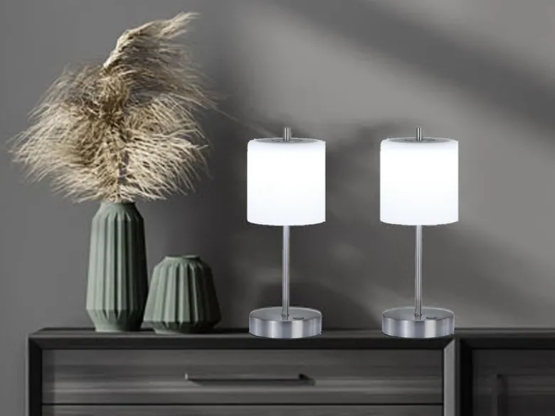 2er SET kabellose Tischlampen Silber / Opalglas dimmbar, Höhe 34,5cm