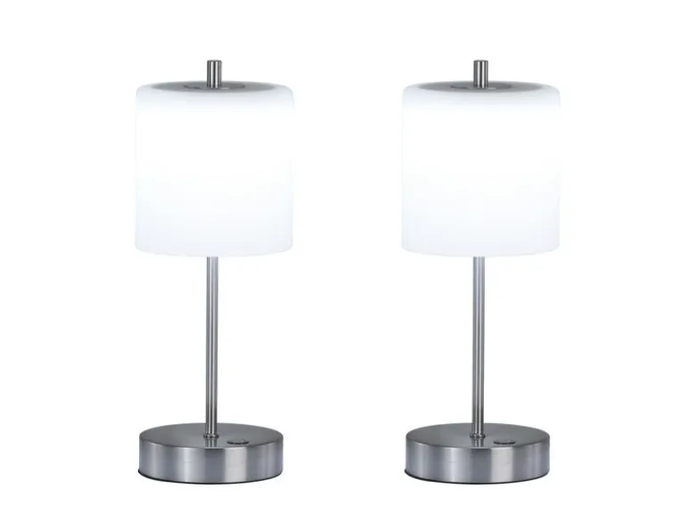 2er SET kabellose Tischlampen Silber / Opalglas dimmbar, Höhe 34,5cm