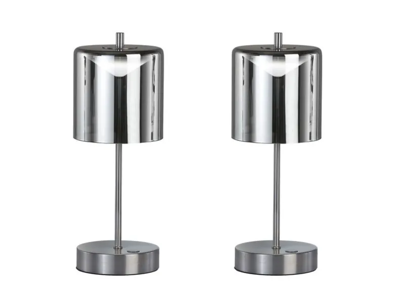 2er SET kabellose Tischlampen Silber / Rauchglas dimmbar, Höhe 34,5cm