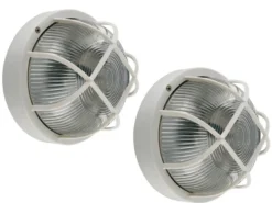 2er SET Kellerleuchten / Außenleuchten rund, weiß mit Sicherheitsgitter, E27