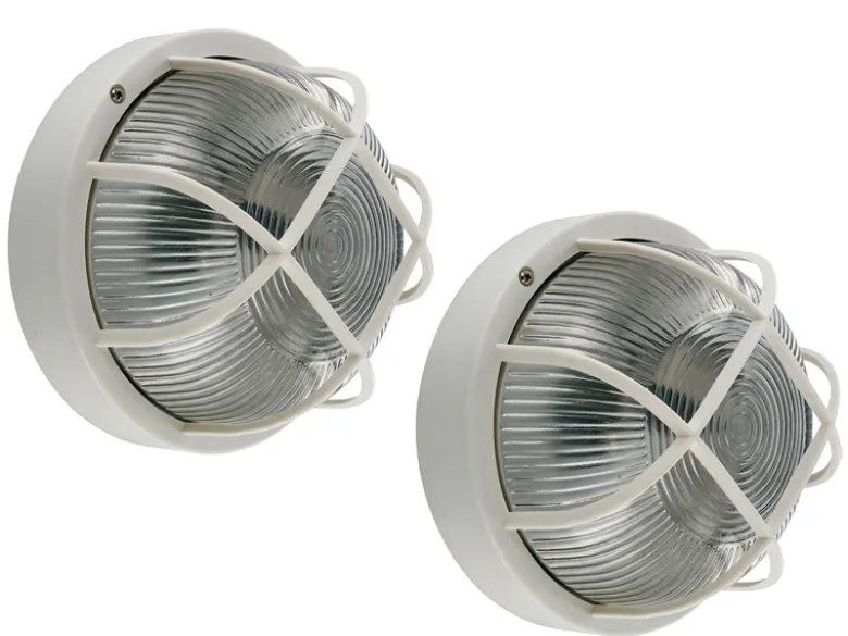 2er SET Kellerleuchten / Außenleuchten rund, weiß mit Sicherheitsgitter, E27