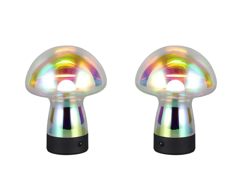 2er SET kleine Akku Tischleuchten aus irisierendem Glas, Höhe 18cm