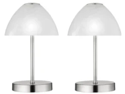 2-er SET kleine LED Tischlampen dimmbar, Silber mit Glasschirm Weiß, Höhe 24cm