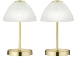 2-er SET kleine LED Tischlampen dimmbar, Messing mit Glasschirm Weiß, Höhe 24cm