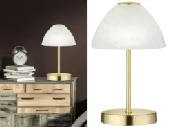2-er SET kleine LED Tischlampen dimmbar, Messing mit Glasschirm Weiß, Höhe 24cm