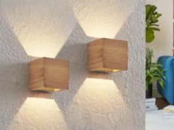 2er SET kleine Up and Down LED Innen Wandlampen aus Echtholz, Quadrat 11cm