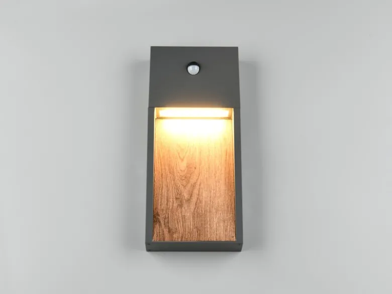 2er Set LED Außenwandleuchten Anthrazit & Holzoptik mit Bewegungsmelder, H 33cm