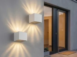 2er Set LED Außenwandleuchten Würfel aus Aluminium in Weiß, 10x10cm