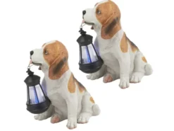 2er Set LED Deko Solarleuchten Hundelampe mit Laterne in Braun-Weiß, Höhe 26cm