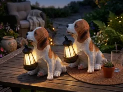 2er Set LED Deko Solarleuchten Hundelampe mit Laterne in Braun-Weiß, Höhe 26cm