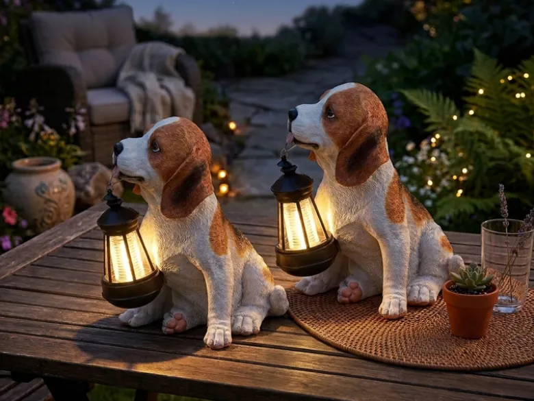2er Set LED Deko Solarleuchten Hundelampe mit Laterne in Braun-Weiß, Höhe 26cm
