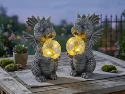 2er Set LED Deko Solarleuchten Drachenlampen aus Kunststoff Grau, Höhe 27,5cm