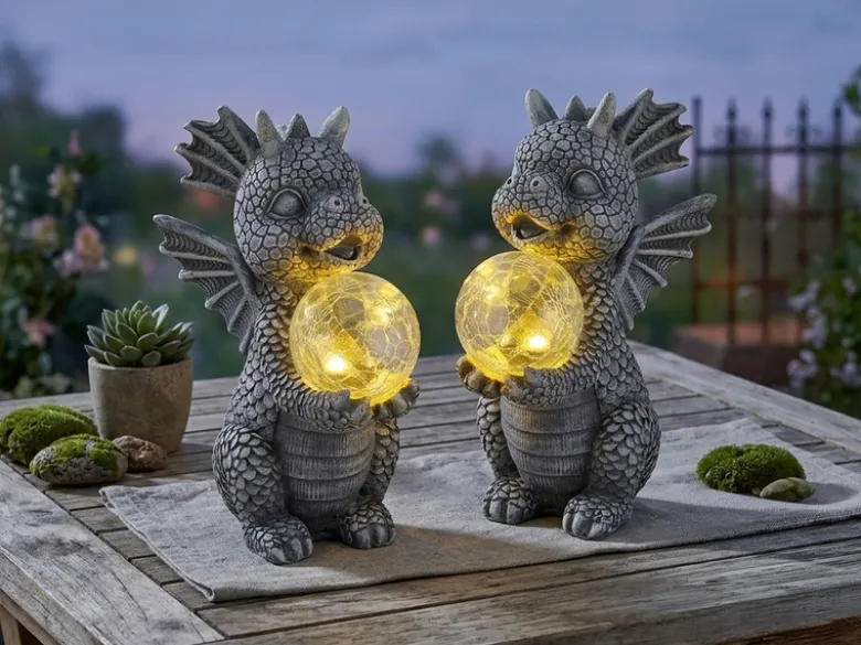 2er Set LED Deko Solarleuchten Drachenlampen aus Kunststoff Grau, Höhe 27,5cm