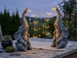 2er Set LED Deko Solarleuchten Kunststoff Elefantenlampen Grau, Höhe 32,5cm