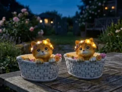 2er Set LED Deko Solarleuchten Katze und Blumen im Korb, Höhe 15cm