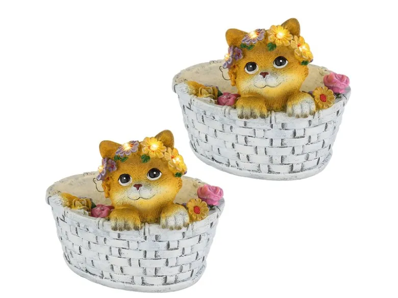 2er Set LED Deko Solarleuchten Katze und Blumen im Korb, Höhe 15cm