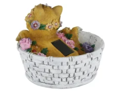 2er Set LED Deko Solarleuchten Katze und Blumen im Korb, Höhe 15cm