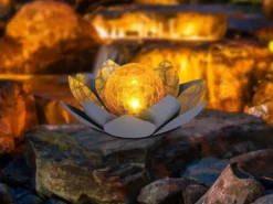 2er Set LED Deko Solarleuchten Seerose mit Crackleglas Kugel, Grau Ø25cm