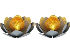 2er Set LED Deko Solarleuchten Seerose mit Crackleglas Kugel, Grau Ø25cm