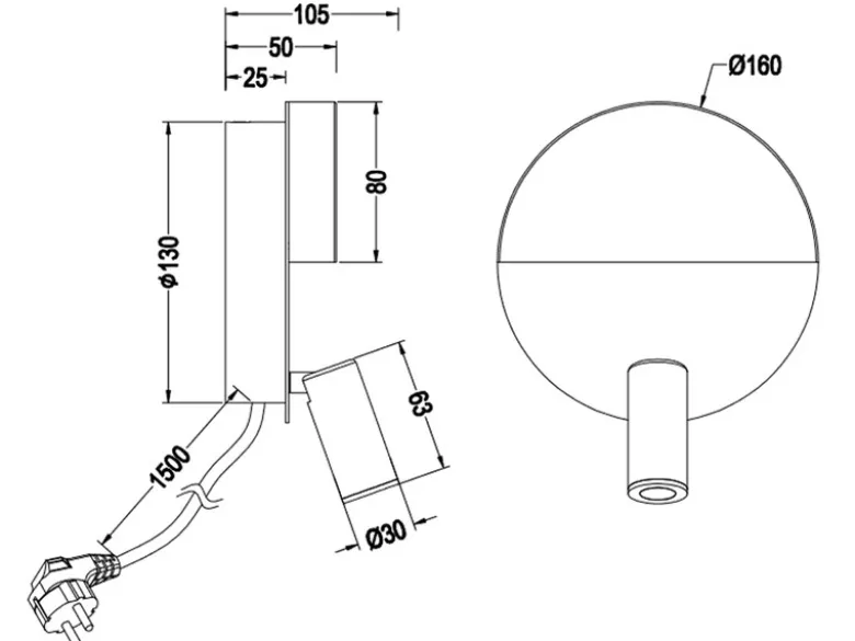 2er SET LED Leselampen Schwarz mit Schalter & Stecker, Ø 16cm