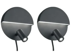 2er SET LED Leselampen Schwarz mit Schalter & Stecker, Ø 16cm