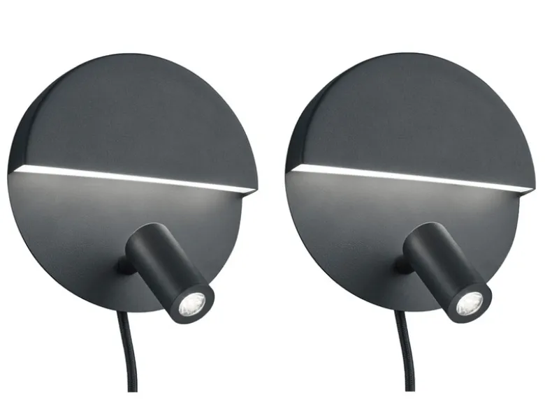 2er SET LED Leselampen Schwarz mit Schalter & Stecker, Ø 16cm