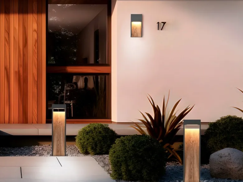 2er Set LED Pollerleuchten in Anthrazit & Holzoptik, Höhe 60cm