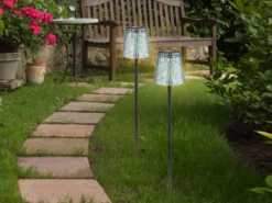 2er Set LED Solar Erdspießleuchten mit Dekorstanzungen in Silber-Blau, Höhe 70cm
