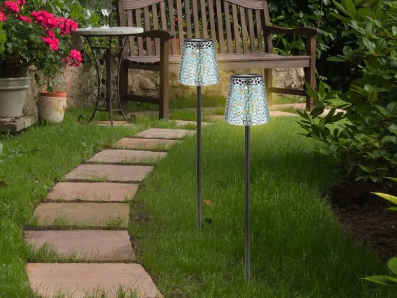 2er Set LED Solar Erdspießleuchten mit Dekorstanzungen in Silber-Blau, Höhe 70cm