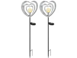 2er Set LED Solar Gartenstecker mit drehbaren Herzen in Silber-Grau, Höhe 82cm