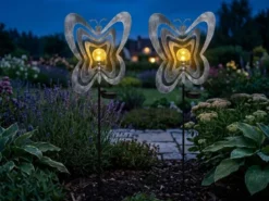 2er Set LED Solar Gartenstecker mit drehbaren Schmetterlingen Silber-Grau, 83cm