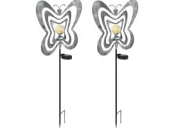 2er Set LED Solar Gartenstecker mit drehbaren Schmetterlingen Silber-Grau, 83cm