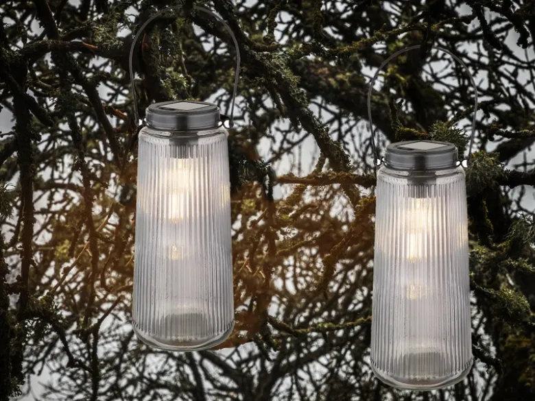 2er Set LED Solarlaternen Rauchglas, hängend oder stehend, Höhe 25cm