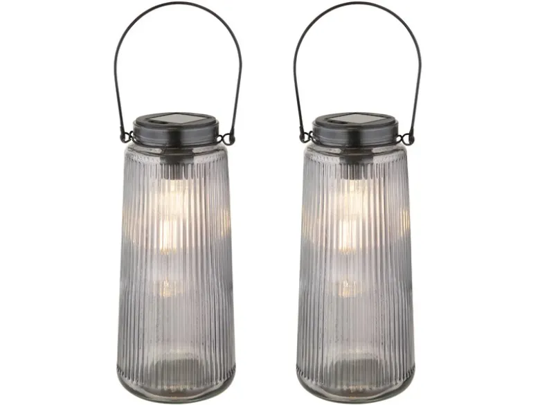 2er Set LED Solarlaternen Rauchglas, hängend oder stehend, Höhe 25cm