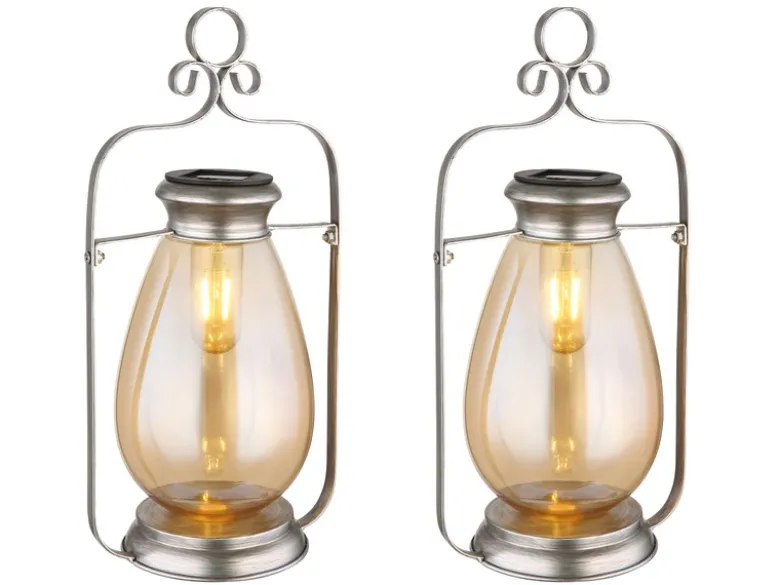 2er Set LED Solarlaternen Silber mit bernsteinfarbigem Lampenschirm, H 36,5cm
