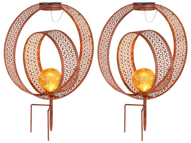 2er Set LED Solarleuchten Dekorstanzungen in Rostoptik & Crackleglas, Höhe 42cm