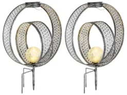 2er Set LED Solarleuchten Dekorstanzungen in Silber & Crackleglas, Höhe 42cm
