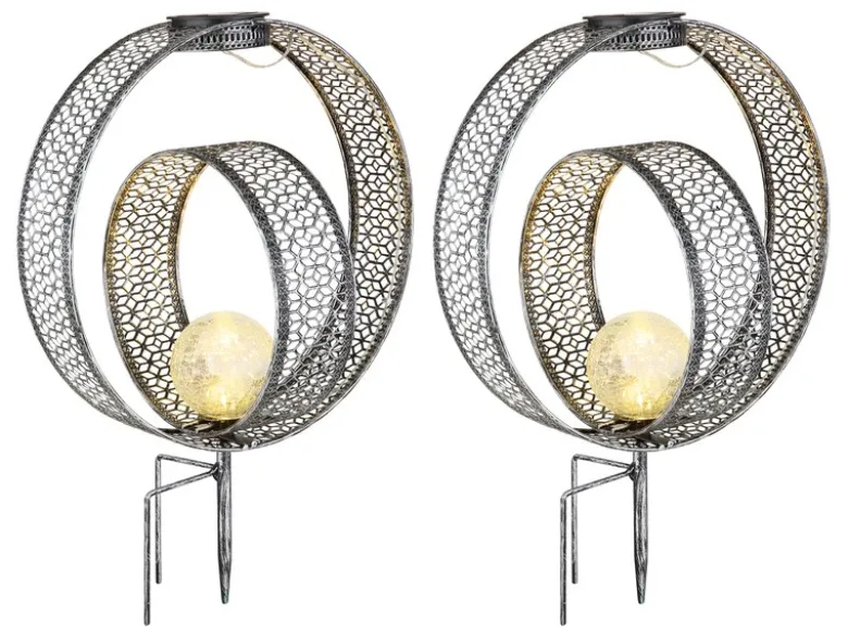 2er Set LED Solarleuchten Dekorstanzungen in Silber & Crackleglas, Höhe 42cm