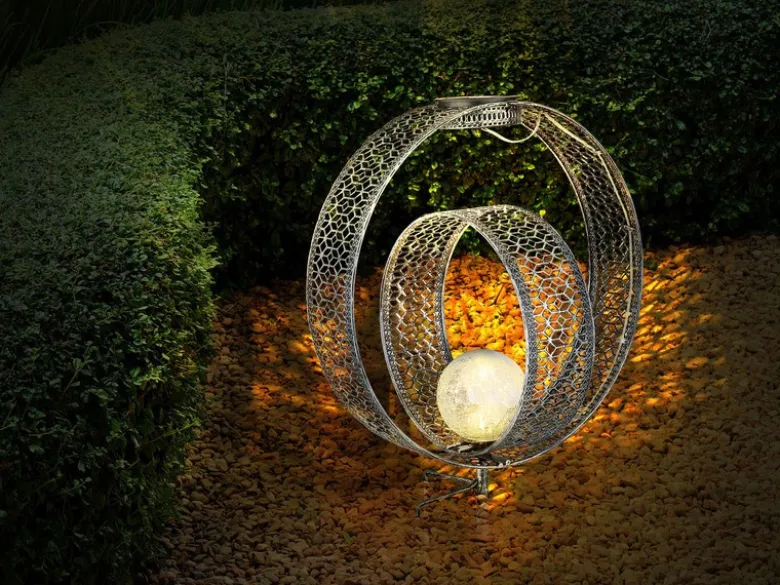 2er Set LED Solarleuchten Dekorstanzungen in Silber & Crackleglas, Höhe 42cm
