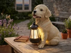 2er Set LED Solarleuchten Hundelampe Welpe mit Laterne in Beige-Weiß, Höhe 26cm