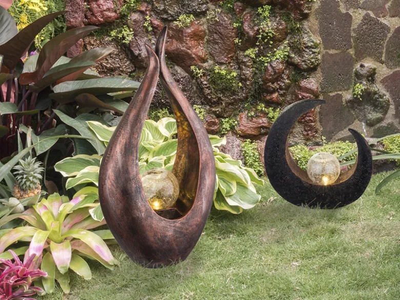2er SET LED Solarleuchten mit Crackleglas Kugel, groß Bronze & klein Steinoptik