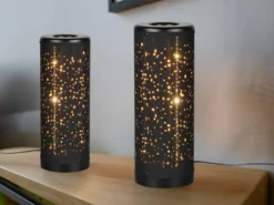 2er Set LED Tischleuchten mit Starlight Effekt, Stoff Schwarz Gold, Höhe 34cm