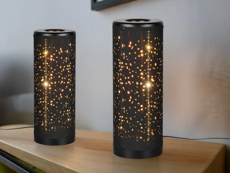 2er Set LED Tischleuchten mit Starlight Effekt, Stoff Schwarz Gold, Höhe 34cm