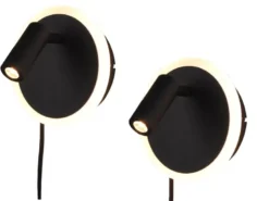 2er SET LED Wandlampen Schwarz mit Leselampe & Stecker, Ø 15cm