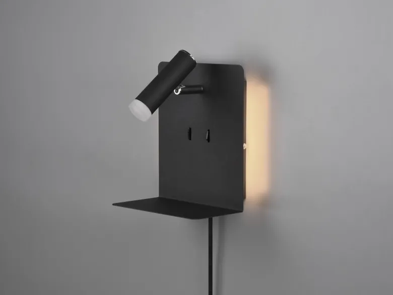 2er Set LED Wandspots Schwarz mit Schalter, Stecker & USB, Breite 16cm