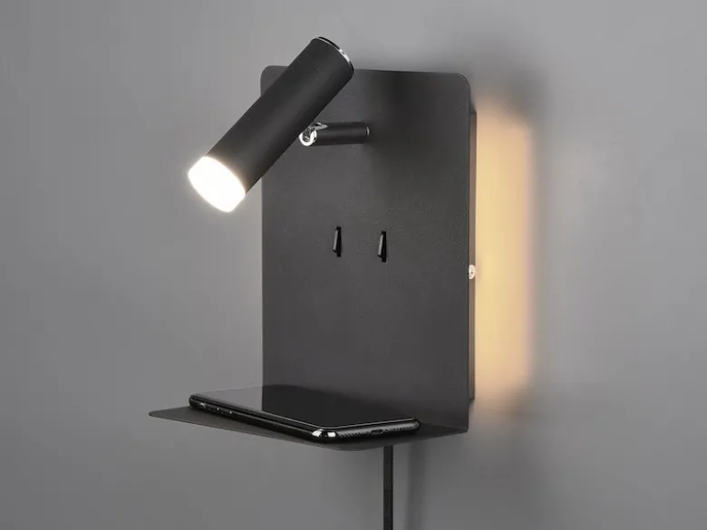 2er Set LED Wandspots Schwarz mit Schalter, Stecker & USB, Breite 16cm