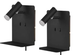 2er Set LED Wandspots Schwarz mit Schalter, Stecker & USB, Breite 16cm