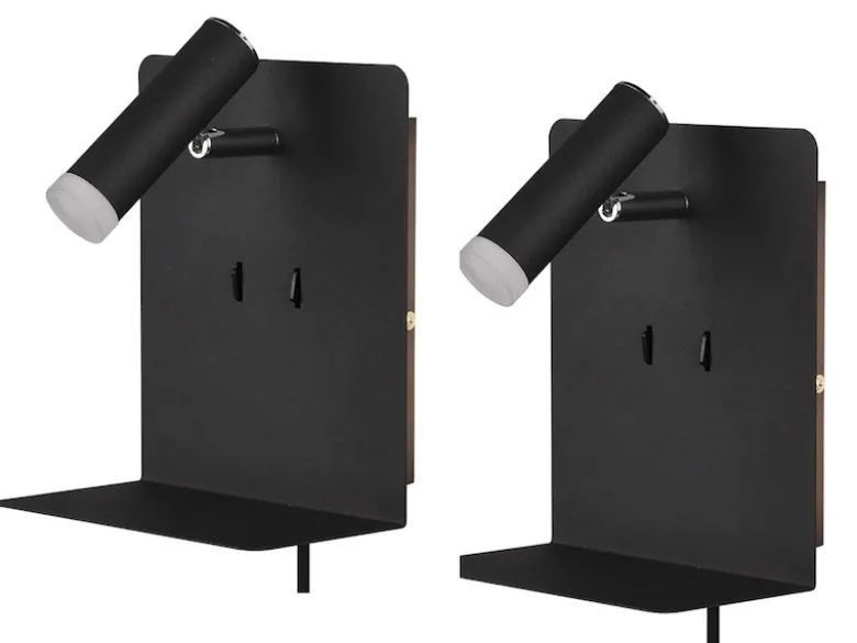 2er Set LED Wandspots Schwarz mit Schalter, Stecker & USB, Breite 16cm
