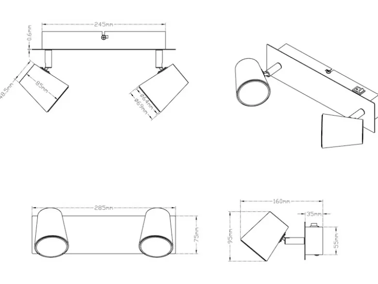 2er SET LED Wandstrahler Weiß 2-flammig mit Schalter, Breite 28cm